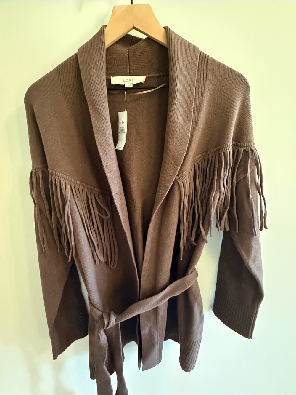 LOFT Fringe Belted Cardigan Sweater Brown Size Small NWT $99.95